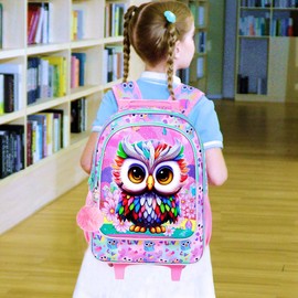 HPJGD 3PCS Owl Rolling Backpack for Girls, Kids School Backpacks with Wheels, Water Resistant UV Printed Roller Wheeled Bookbag Set