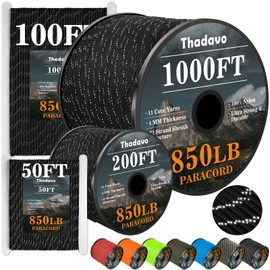 Thadavo Reflective Paracord Rope 850Ib, 50/100/200/500/1000ft 4MM 11 Strand para Cords Lanyard Utility Parachute Cord for Tent Camping Fishing Survival Tactical Clothesline DIY Projects, Black 200FT