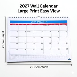 Genxon 2027 Wall Calendar Large Print Easy View A4 Spiral Bound 100gsm Thick Card Pages 12 Month Planner Marked UK Bank Holidays Jan to Dec Office Home School Desk or Wall Calendar