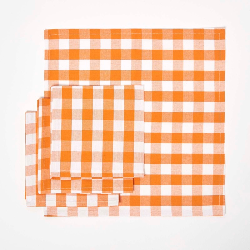 HOMESCAPES Set of 4 Orange Gingham Napkins Block Check Pattern