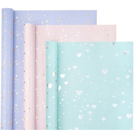 WRAPAHOLIC Wrapping Paper Roll - Mini Roll - 3 Rolls - 17 inch X 120 inch Per roll - Hearts/Stars (2 Kinds) Design for Birthday, Mother Day, Valentine's Day, Wedding, Baby Shower