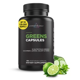 Livingood Daily Greens Capsules, Super Greens Supplement with Spirulina, Chlorella, Broccoli, Spinach, Celery, Lemon & More, Plant Based for Digestion & Gut Health, Non GMO, Vegetarian, 120 Ct