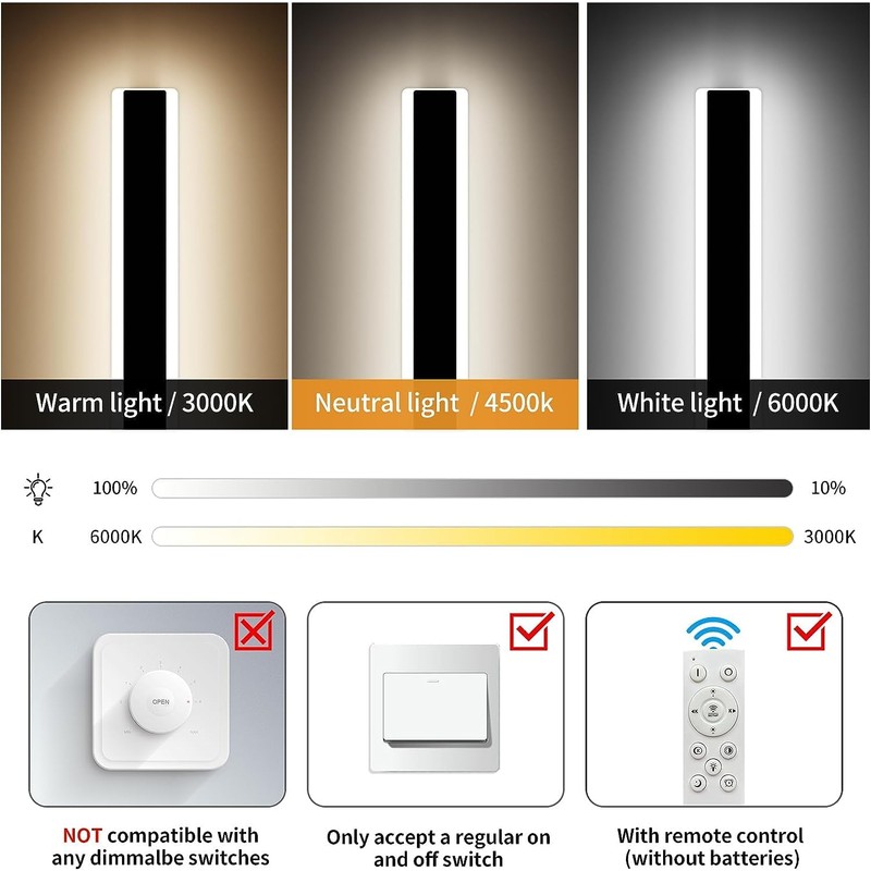 Mikeru Modern Wall Light, 3000k-6000k Dimmable Sconce 23.6inch Black Exterior