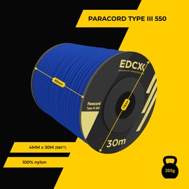 EdcX 4mm Nylon Paracord 550 30m (100 feet) - Type III, 100% Nylon Rope, 7 Strand Rope, 4mm Nylon Rope in Solid Colors (Blue, 30 m)