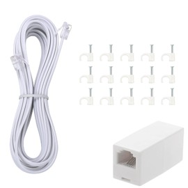 TOYAYAYO Long Telephone Extension Cord Phone Cable Line Wire, with Standard RJ11 Plug and 1 in-Line Couplers and 15 Cable Clip Holders-White (15feet)