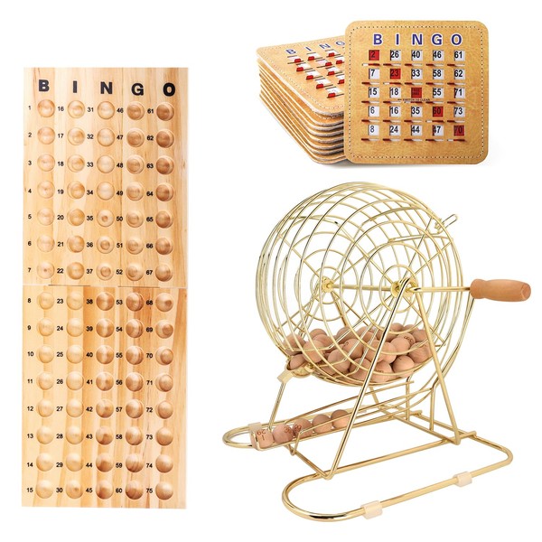 Deluxe Bingo Set with 75 Wood Balls, 10 Cards, Large Cage - For Kids, Adults, Seniors, Groups