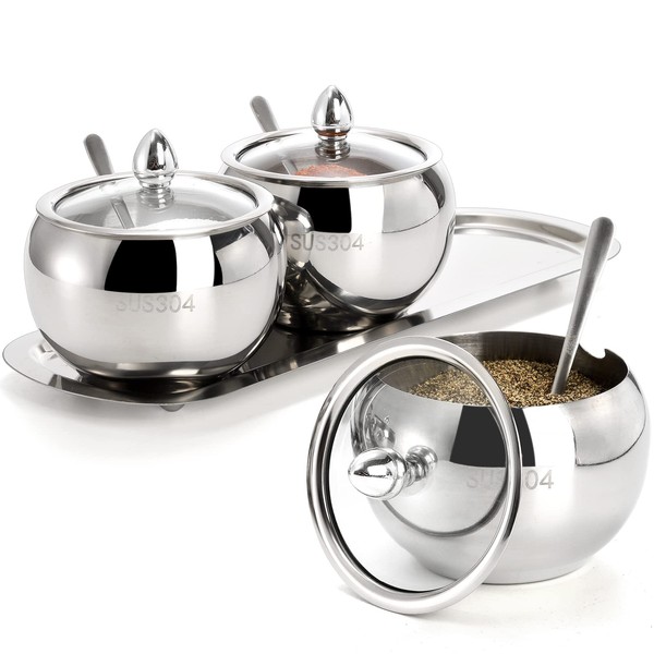 Hedume 3 Grids 304 Stainless Steel Seasoning Containers Set with