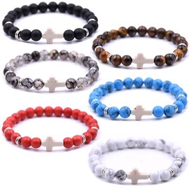 HYHONEY 6 Pcs 8MM Beaded Bracelets Couples Bracelets Cross Bracelet for Women Men Cross Bracelet Turquoise Tiger Eye Stone Natural Stone Bracelet Anxiety Stretch Elastic Healing Bracelet