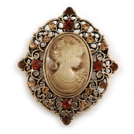 Vintage Inspired Filigree Amber/Citrine Crystal Oval Beige Cameo Brooch in Aged Gold Tone - 45mm Tall