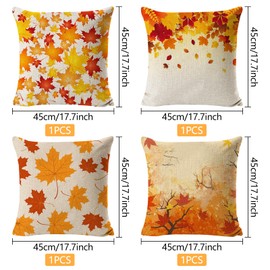 Pack of 4 Decorative Cushion Covers, Autumn Cushion Covers, 45 x 45 cm, Decorative Cushion Cover, Thanksgiving, Autumn Cushion Cover, Maple Leaf Cushion Cover Made of Linen, Sofa Cushion Autumn