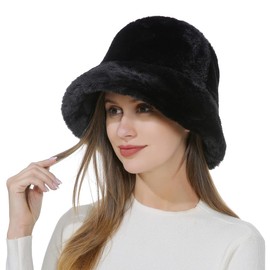 Belle Dame Winter Solid Bucket Hat Fisherman Hat for Women Faux Fur Furry Hat Fluffy Winter Cap Bob Hat (HT503-BK)