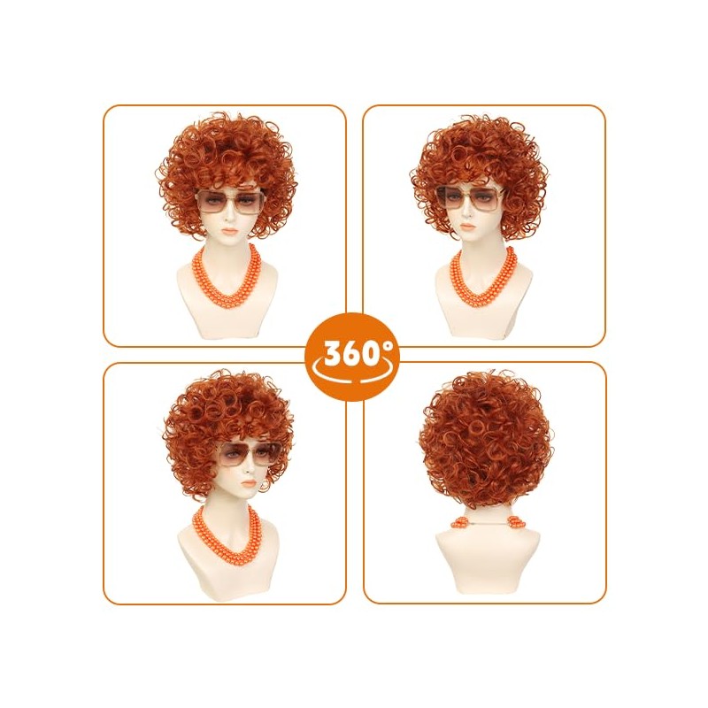 Women Short Curly Orange Red Wig Set Sunglasses for 70s