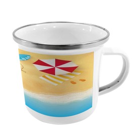 Ambesonne Beach Steel Camping Mug, Beach Waves with Umbrella Towels and Surfing Board Swimming Themed Summer Season, Printed Thermal Cup for Camping and Outdoor Activities, Multicolor