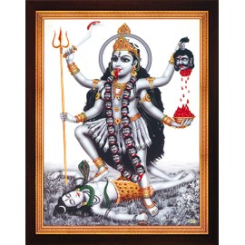 Handicraft Store Hindu Goddess Maa Kali Killing & Ruling Over Shiva, A Rare Hindu Religious Poster Painting with Frame for Worship