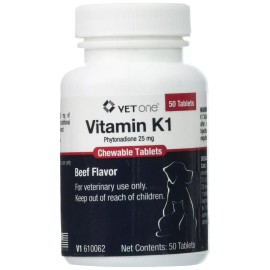 Vet One Vitamin K1 for Dogs 25mg Chewable Tablets 50ct Beef Flavor Hypoprothrombi