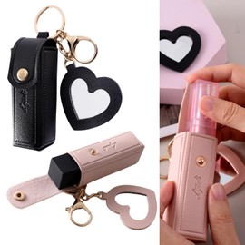 2 Pcs Lip Balm Keyring Lip Balm Holder Keychain Keyring, Portable Leather Holder Lipstick Holder with Metal Key Ring for Travel Holiday (Black, Pink)