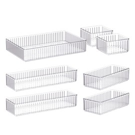 AUTUUCKEE 7pcs Clear Drawer Organizer, 4 Sizes Stackable Makeup Drawer Organizer Trays, Drawer Storage Containers for Makeup, Bedroom, Kitchen Gadgets Utensils and Office(Clear)