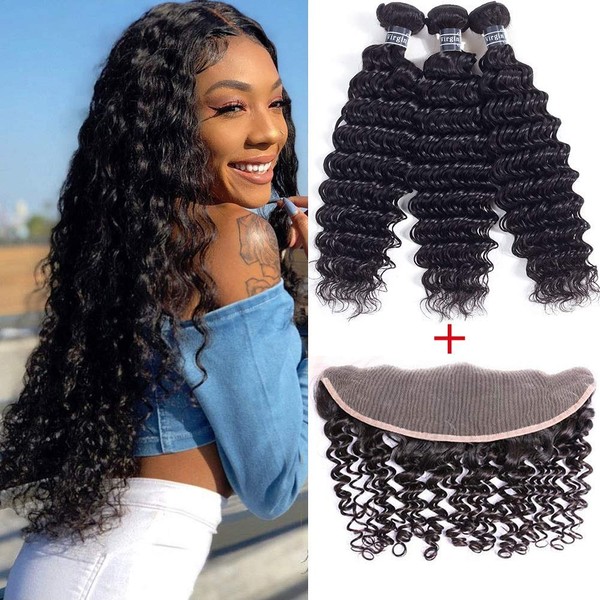 Amella Hair Deep Wave 3 Bundles with Frontal 13x4 Lace Closure Pre Plucked Brazilian Deep Wave Virgin Human Hair with Lace Frontal Free Part 16” 18" 20"+14"Frontal