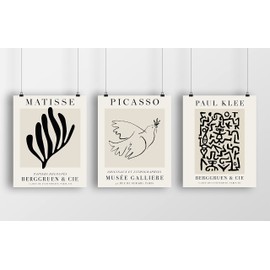 Mid-Century Artists Klee Matisse Picasso Inspired Exhibition Poster Print Set | Set of Three 11x14 UNFRAMED | Beige, Tan, Black Neutral Abstract, Minimalist Modern Wall Decor