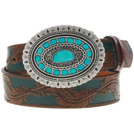 HOOEY Women's Original Embossed Feather Southwestern Rodeo Buckle Belt Brown Medium