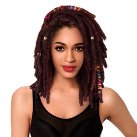 Black Textures Crochet Synthetic Bae Locs Hair Extensions, 12 Inch, Black with Colorful Threaded Accents (5 Packs) (99J (Red/Brown))
