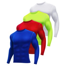 Hicarer 4 Pack Men's Compression Shirts Dry Fit Long Sleeve Athletic Workout Top Gym Undershirts Active Sports Base Layers (Red, Green, Blue, White,Large)