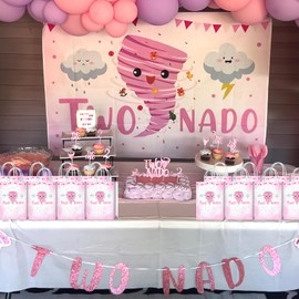 Tyndallrays 16 Pieces Two Nado 2nd Birthday Party Favors Bags,Tornado 2nd Birthday Gift Snacks Treat Candy Party Favors Bags with Handles for Girls 2 Year Old Party Decorations