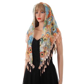 Aularso Lace Triangle Scarf Lightweight Orange Scarf Floral Scarves Tassel Crochet Shawl Mantilla Tulle Embroidered Wrap Vintage Veils for Women (Orange)
