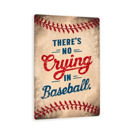 MRC Wood Products Vintage-Style There's No Crying In Baseball Sign - Beige Background With Red Baseball Stitching 8x12