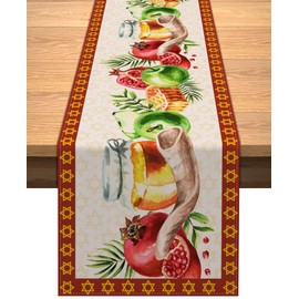 Vohado Rosh Hashanah - Camino de mesa para decoración judía de Año Nuevo, fiesta, Shana Tova, mantel de lino, vacaciones, hogar, cocina, comedor, mesa, decoración de 13 x 72 pulgadas
