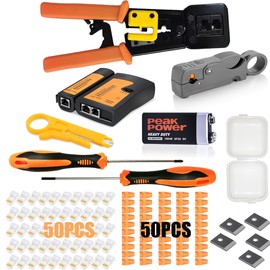 RJ45 Crimp Tool Kit Pass through Ethernet Crimper kit for Cat5 Cat5e Cat6,RJ45 Crimping Tool with 50PCS Connectors, 50PCS Covers,1 Wire Punch Down Cutter and 1 Network Cable Test(9V Battery Included)