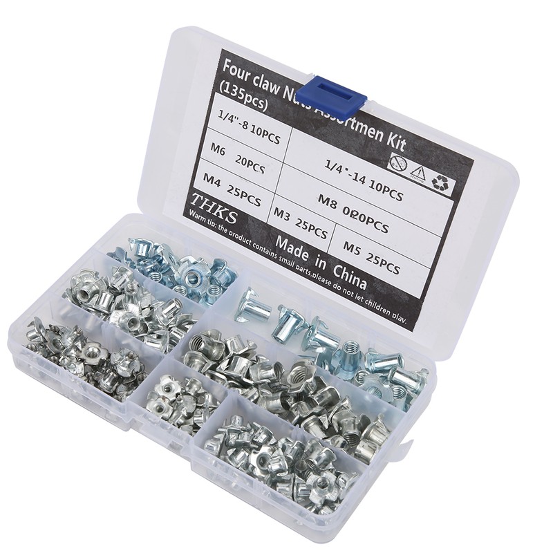 135pcs Carbon Steel Four Claw Nut Assortment Kit for Furniture