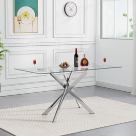 Pvillez 51" Modern Glass Dining Table with Silver Metal Legs, Tempered Glass Top for Kitchen, Living Room or Small Spaces