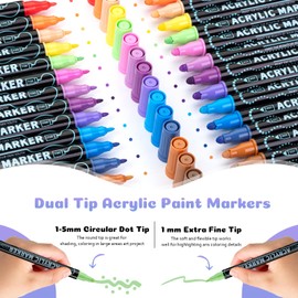Mzh Art 24 Colors Dual Tip Acrylic Paint Pens Markers, Double Tip Premium Acrylic Markers, Acrylic Markers for Wood, Rock Painting, Glass, Canvas, Stone, DIY Crafts Making Art Supplies