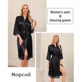 Sopesil Women's Satin Bathrobe Unisex Dressing Gown Silk Lightweight Kimono Bride V-Neck Dressing Gown for Spa Home and Hotel, black