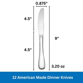 Dinner Knife Made in USA Set of 12 18/10 Stainless Steel Flatware Mirror Finish Dishwasher Safe TAA HubZone and Buy American Compliant Annapolis Silverware Made by Sherrill Manufacturing Dinner Knives