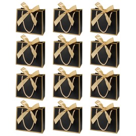 12Pcs Mini Gift Bags with Ribbons, Extra Small Black Gift Bags with Handles Party Favour Bags Thank You Gift Bags for Birthday Wedding Baby Shower (5.51× 2.36× 4.72 inches), Gold Ribbons