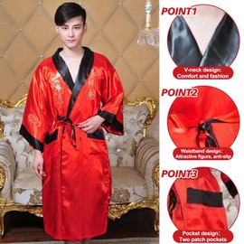 Bon amixyl Mens Kimono Robe Reversible Silk Bathrobes Chinese Dragon Style Lightweight with Belt（BLACK/RED XL）