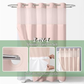 eachope Blush No Hook Shower Curtain with Snap-in Fabric Liner Set,Slub Textured Fabric Shower Curtains for Bathroom,Hotel Style Modern Shower Curtain,Water Repellent & Washable,71x74(72)