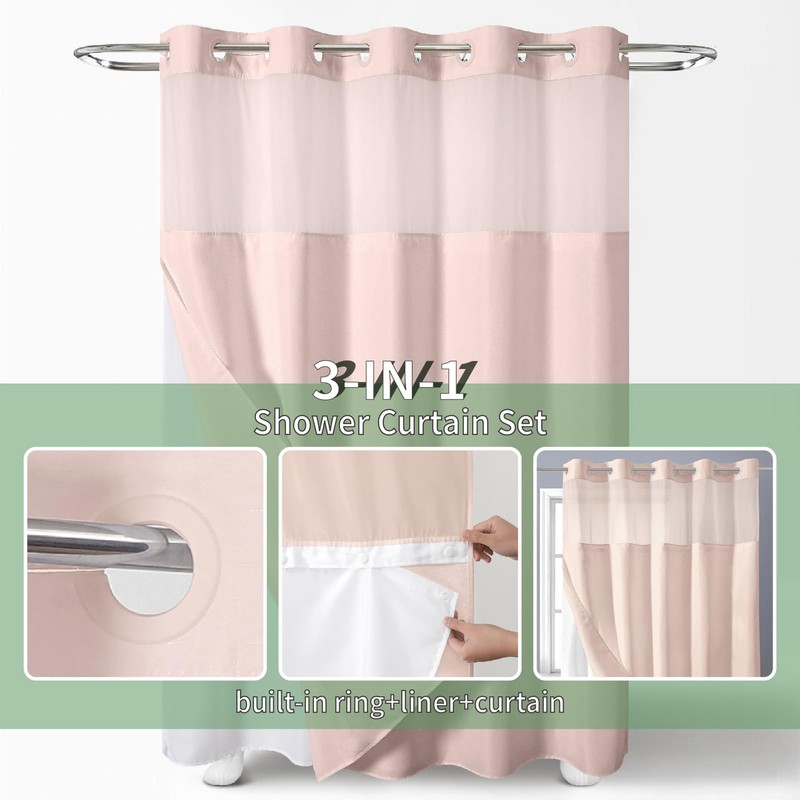 Blush No Hook Shower Curtain with Snap-in Fabric Liner Set,Slub