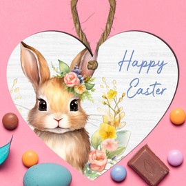 Handcrafted Girl Bunny Wooden Heart Plaque - Perfect For A Easter Gift | Seasonal Home Decor | Hanging Design for Wine Bottles, Hampers, Decorative Trees | Festive 'Happy Easter' Message