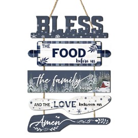 Bless the Food Before Us Farmhouse Kitchen Wall Decor - Dining Room Bless Food Family Love Signs Plaque Wall Art in White Blue Color - Wooden Rustic 5pcs Roped Sign, Christmas Thanksgiving Gift