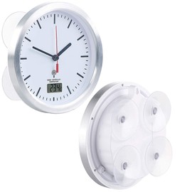 St. Leonhard Radio Controlled Bathroom Wall Clock with Thermometer and Suction Cups, Aluminium Frame, IPX4 (Bathroom Radio Clock with Suction Cup, Bathroom Clock for Hanging, Small Wall Clocks)