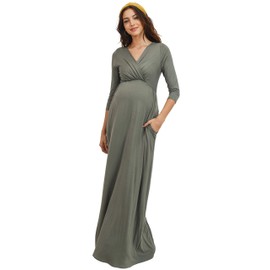 LaClef Women's Wrapped Ruched Maternity Dress with Pocket (Olive, L)