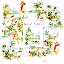 Pack of 30 Romantic Travel Stickers, PET Transparent Seaside Landscape Stickers for Scrapbooking, Junk Journaling