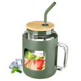 [通拓商品]50oz Glass Cup with Handle Reusable Bamboo Lids Water Bottle Leakproof Wide Mouth BPA-free Iced Coffee Cup with Straw / Silicone Protective Sleeve