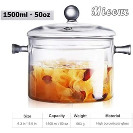 Glass Cooking Pot - 1.5L/50OZ Glass Saucepan Heat-Resistant Borosilicate Glass Handmade Cookware Set stovetop Pot - Safe for Pasta Noodle, Soup, Milk, Tea,salad (1.5L/50OZ)