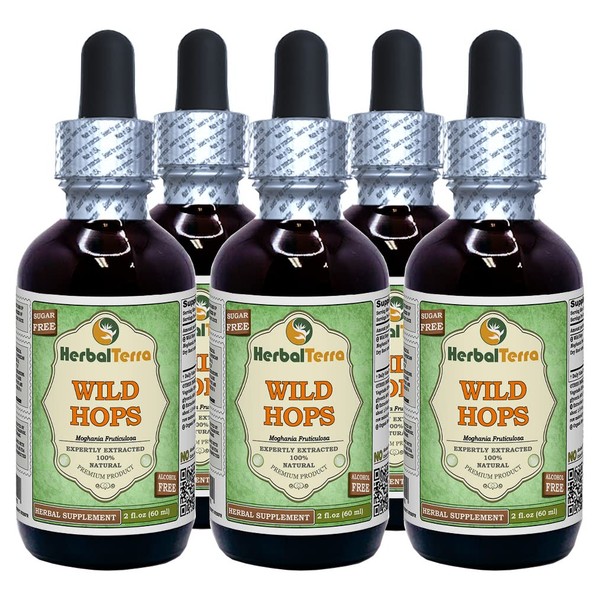 Wild Hops (Moghania Fruticulosa) Glycerite, Organic Dried Roots Alcohol-FREE Liquid Extract (Brand name: HerbalTerra, Proudly made in USA) 5x2 fl.oz (5x60 ml)