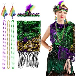 Mardi Gras Costume for Women, 6 Pack Mardi Gras Sequin Shawl Scarf with Mardi Gras Headband, Tassel Earrings, 3 Mardi Gras Beads Necklace, Mardi Gras Set for Carnival Celebration Parade Dress Party