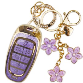 Yekoubo Purple TPU Key Fob Cover with Sakura Flower Keychain Compatible with Hyundai Sonata 2020-2023,Santa Fe 2021-2023,Tucson 2022-2024,Nexo 2019-2023,Palisade 7-Button Smart Key for Women